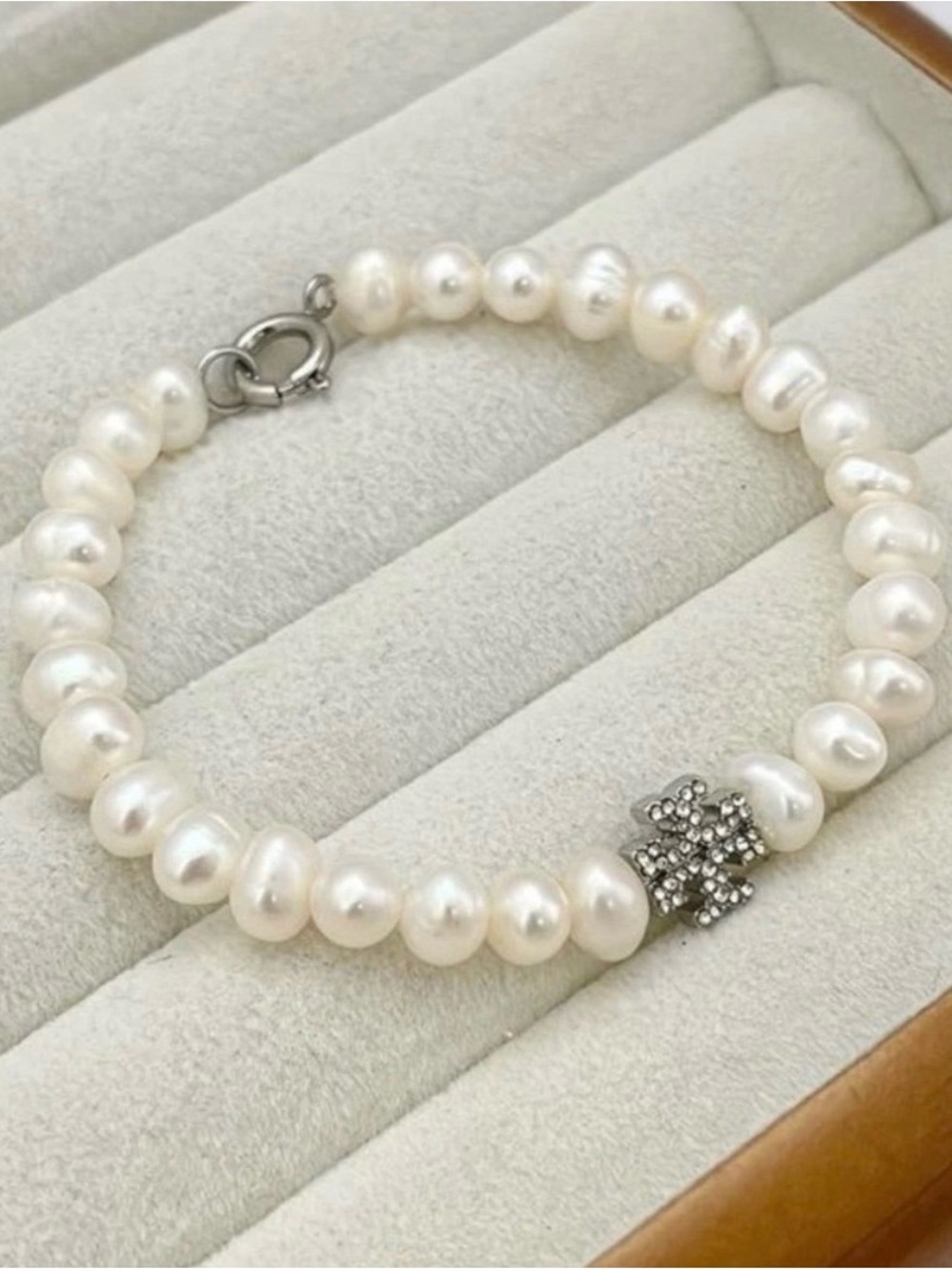 Tory Burch White Freshwater Pearl Bracelet with Crystal Logo Accent